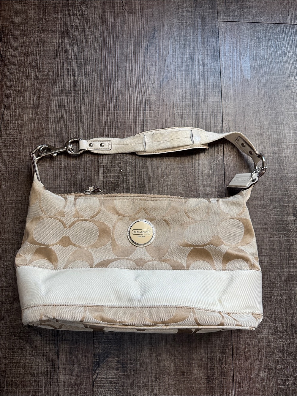 Coach Beige Signature Canvas Shoulder Bag with Ivory Trim
